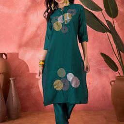 Sangria Women Geometric Embroidered Mandarin Collar Neck Straight Kurta With Trousers-picture-54