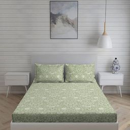 Living scapes by Pantaloons Green & White Floral 210 TC Queen Bedsheet with 2 Pillow Covers-image-88