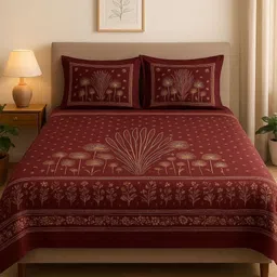 SWITCHON Maroon & Beige Ethnic Motifs 300 TC King Bedsheet with 2 Pillow Covers-picture-2