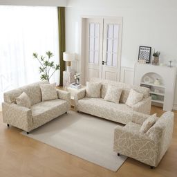 HOKIPO Beige & White Abstract Printed 140 GSM 4 Seater Stretchable Sofa Cover With Arms image 4