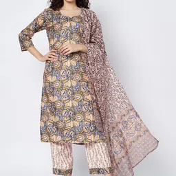 BCZ Style Floral Printed Sweetheart Neck Pure Cotton Straight Kurta With Trouser & Dupatta-picture-22