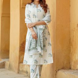 KALINI Floral Printed Regular Pure Cotton Kurta With Trousers And Dupatta-image-76
