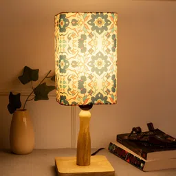 Green Girgit Cream Coloured Printed Wood Square Table Lamp With Bulb-25