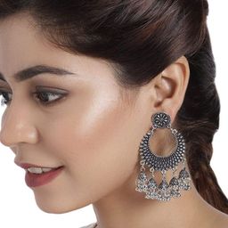 Sangria Silver-Plated Oxidized Crescent Shaped Drop Earrings-14