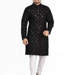 Nellist Men Embroidered A-line Kurta (Black)-image-22