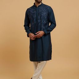 Twamev Regality Floral Embroidered Mandarin Collar Thread Work Straight Kurta With Trouser-image-97