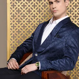 House of Pataudi Tailored Floral Self Design Velvet Finish Single-Breasted Party Blazer-picture-20