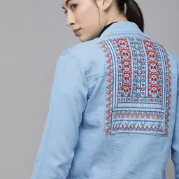 VOXATI Women Blue Washed Crop Denim Jacket with Embroidered-26