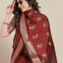 Mitera Maroon Floral Embroidered Chanderi Saree-image-30