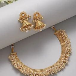 Zeneme Gold Plated Off White Pearl Beaded Temple Jewellery Set-5