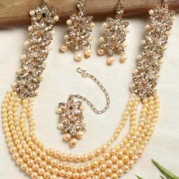 Zeneme Champagne Kundan Studded Pearl Beaded Multi Stranded Jewellery Set-image-32