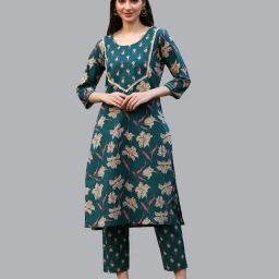DECKEDUP Green Cotton Floral Print Kurta With Pants-image-21