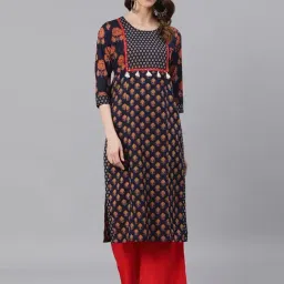 Jaipur Kurti Navy Cotton Floral Straight Kurta-37