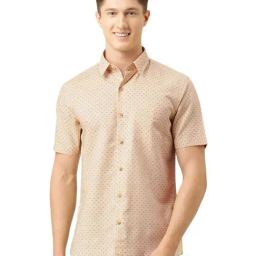 Burnt Umber Beige Cotton Regular Fit Printed Shirt-image-19