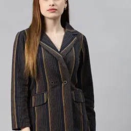 Cottinfab Navy & Mustard Striped Cotton Blazer-image-7