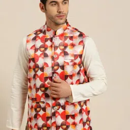 SOJANYA White & Orange Comfort Fit Printed Nehru Jacket-picture-46