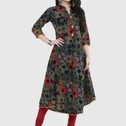 YASH GALLERY Black Cotton Printed A Line Kurta-image-14