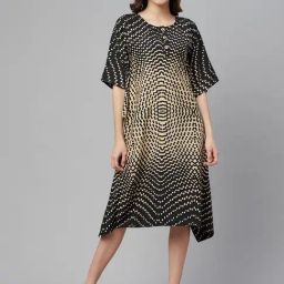 Cottinfab Black & Beige Printed A-Line Kaftan Crepe Dress-image-81