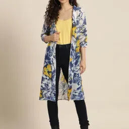 Qurvii Navy & Yellow Floral Print Long Shrug-image-79