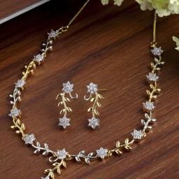 Zeneme Gold Plated Silver Toned White AD Studded Leaf Flower Shaped Handcrafted Jewellery Set-10