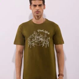 Hoversoul Olive Cotton Regular Fit Printed Half Sleeves Round Neck T-Shirt-image-30