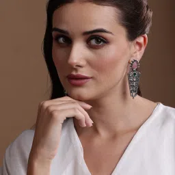 Panash Oxidized Silver Plated Stone Studded Drop Earrings image 2