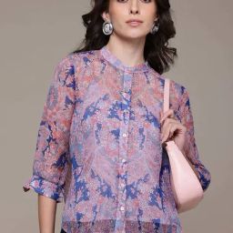 Label Ritu Kumar Blue Fitted Printed Shirt With Inner-image-98