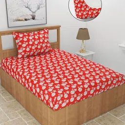 BREVARD Red Conversational Printed Woolen Fitted 210 TC Single Bedsheet Set 2.28m x 1.52m-image-33