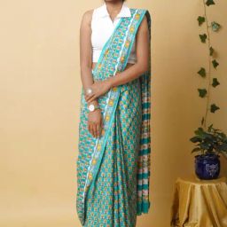 Unnati Silks Green Cotton Printed Saree With Unstitched Blouse-image-3