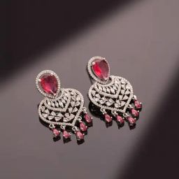 Voylla Silver Sparkling Elegance Red Velvet American Diamond Drop Earrings-picture-47