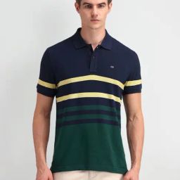 Arrow Sport Navy Cotton Regular Fit Striped Polo T-Shirt-image-30