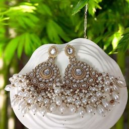 Anouk Gold-Plated Artificial Stones Studded & Beaded Floral Shaped Drop Earrings image 3