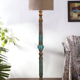 Devansh Beige & Turquoise Blue Cylindrical Shaped Traditional Wooden Floor Lamp-10