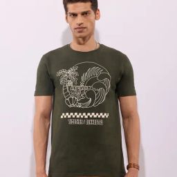 Hoversoul Olive Cotton Regular Fit Printed Half Sleeves Round Neck T-Shirt-13