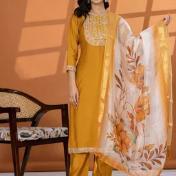 DIZON Floral Yoke Design Sequinned Round Neck Straight Kurta With Trousers & Dupatta-39