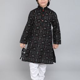 Little Clothings Boys Floral Printed Mandarin Collar Linen Kurta With Churidar-image-18
