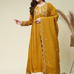 MOKOSH Floral Yoke Design V Neck Thread Work Alia Cut Kurta With Trouser & Dupatta-image-21