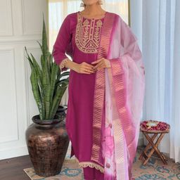 Divyadham Textiles Women Floral Embroidered Regular Thread Work Kurta with Trousers & With Dupatta-picture-25