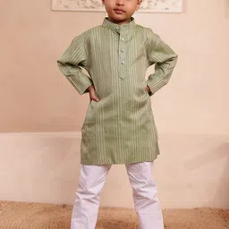 Stuffie Land Boys Striped Mandarin Collar Pure Cotton Kurta With Pyjamas-image-64