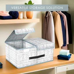 Aura Grey 2 Pieces Grey & White Printed Foldable Double Lid Multi-Utility Jute Organisers image 3