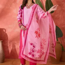 FASHION DREAM Floral Printed V-Neck Zari Straight Kurta With Trousers And Dupatta-image-75