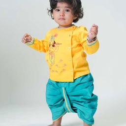 Tiber Taber Full Sleeves Lord Krishna Embroidered Kurta Dhoti - Yellow-picture-36