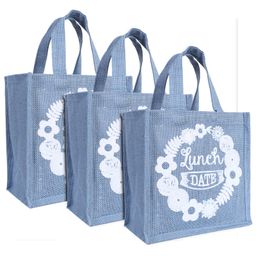 Kuber Industries Lunch BagReusable Jute Fabric Tote BagLunch Date Print Tiffin Carry Hand bag with Handle For office,School,Gift,Pack of 3,Gray,-80