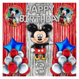 Bubble Trouble 3rd Happy Birthday Decoration Mickey Mouse Theme Combo Kit Items With Metallic Balloons Foil Curtain Shimmer For Little Kids Theme Birthday Party Decorations Red Pack of 40-12