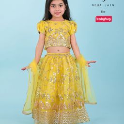 Babyhug Woven Half Sleeves Floral Sequined Choli & Lehenga Set with Dupatta - Yellow-picture-24