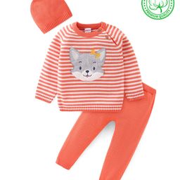 Babyhug Knitted Full Sleeves Striped Sweater Set with Cap & Fox Patch - Peach-image-15