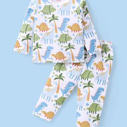 Babyhug Cotton Knit Full Sleeves  Night Suit Dino Print - White-image-78