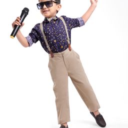 Ollington St. 100% Cotton Full Sleeves Collared Shirt & Twill Pant Set with Bow & Suspender Star Print -Navy Blue-image-63
