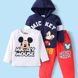 Babyhug DisneyTerry Knit Full Sleeves T-Shirt & Lounge Pant Set with Hooded Jacket & Mickey Mouse Graphics - Navy Blue Red & White-image-8