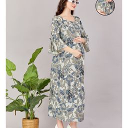Lovely Mom's Three Fourth Sleeves Floral Printed Dress With Pocket & Concealed Zipper Nursing Access - GREY-image-24